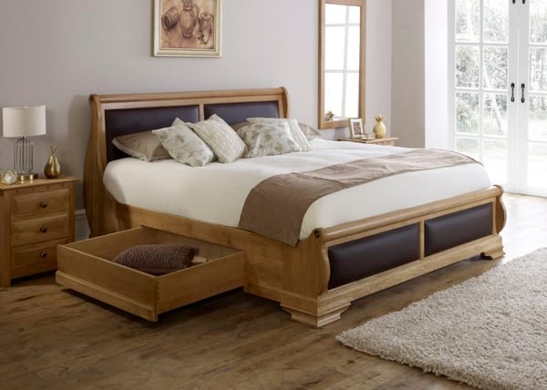 Amalfi Sleigh Bed with Chocolate Leather Open Drawer