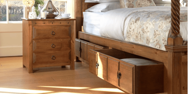 wooden bed with storage drawers