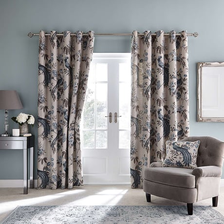 Full length curtains patterns with blue and purple leaves and peacock design
