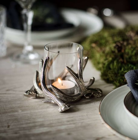 silver tealight candle holder with interlocked antlers and glass hurricane jar