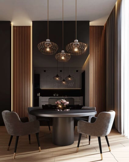 Modern traditional grey, black and gold dining room with round dining table 