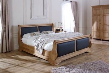 Oak Sleigh Bed with Real Scottish Leather