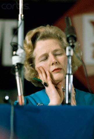 08 Feb 1975, Eastbourne, East Sussex, England, UK --- Conservative Party leader Margaret Thatcher dozes off during a 1975 national conference of conservative youth in Eastbourne. Thatcher, a pro-Europe politician, co-chaired the conference with Willie Whitelaw. --- Image by © Selwyn Tait/Sygma/Corbis