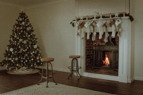 white and cream tree and fireplace - christmas bedroom inspiration