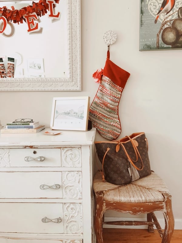 red stocking in white bedroom - christmas bedroom inspiration